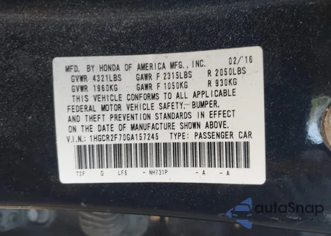 2016 Honda Accord Ex from USA, damaged, VIN 1HGCR2F70GA157245